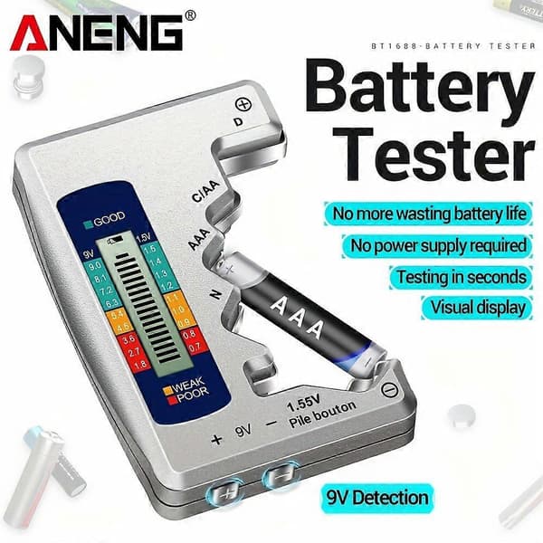 Universal Digital Batteritester, LCD-display Spændingstester med Belastningsanalysator, Farvekodede Resultater (God/Svag/Dårlig), til AA AAA D N 9V 1.55V Knapcelle
