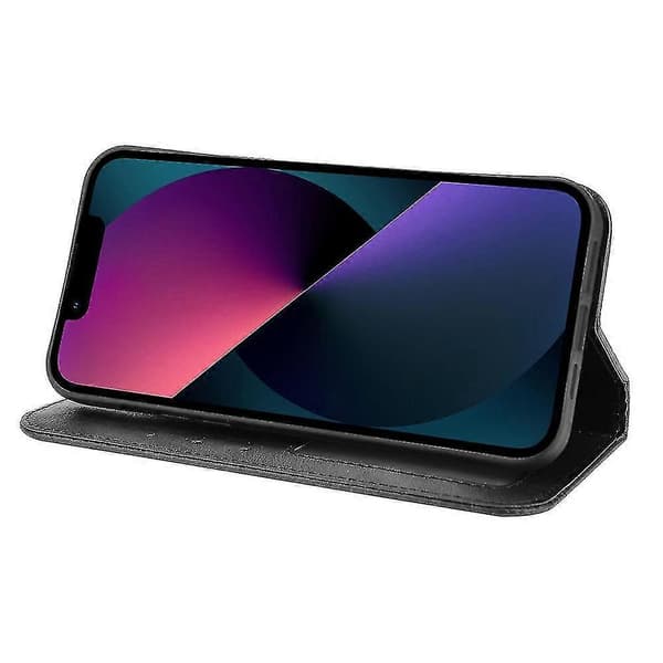 Magnetisk autoabsorberad PU-læderpungstativ Flip Cover Case til iPhone 13 6.1 tommer - Sort