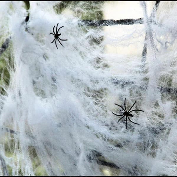 5 sett Halloween spindelvevdekorasjon med 2 edderkopper (hvit)