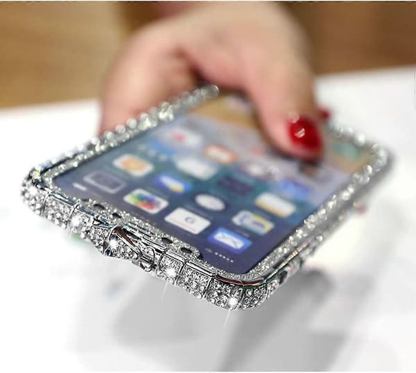 För iPhone 13 Pro Max Diamond Strassfodral för kvinnor med glänsande pläterad metall Bumper Frame Edge Case (Silver)
