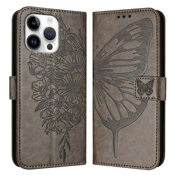 Præget sommerfugl læder telefoncover (til iPhone 16 Pro Max)