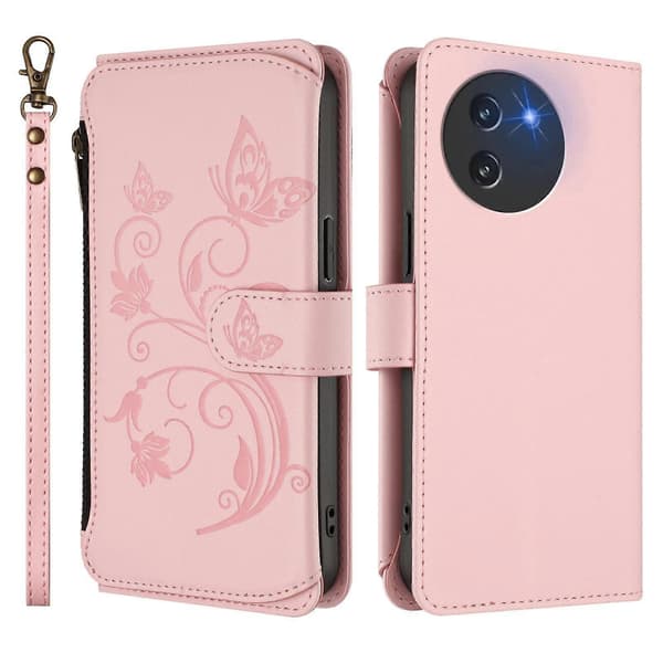 Fjäril Kärlek Blomma Multi-kort Dragkedja Plånbok Läder Telefonfodral (För Doogee Note 59 / Note 59 Pro)