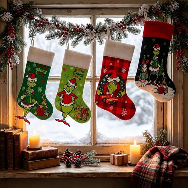 Julepyntssæt, Grinch julestrømpe, grønt monster julestrømpe, gavepose, julepynt.
