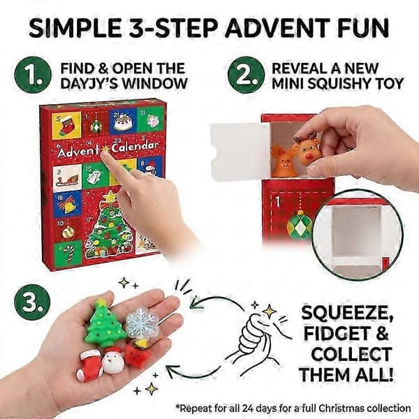 24 stk. jule-adventskalender blind box med blandet glitrende mini squishy jule-stresslegetøj til nedtælling til jul - gave til børn