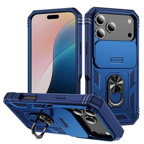 Kompatibelt skal för iPhone 17 Pro Max TPU + PC Slide Camshield Kickstand Telefonfodral (Blå)