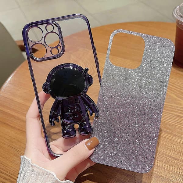För iPhone 13 Astronaut Hållare Gradient Glitter Powder Phone Case