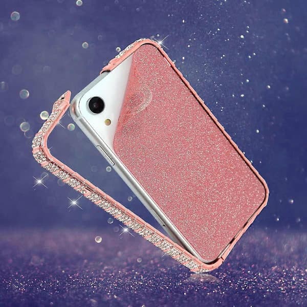 För iPhone 13 Pro Max Diamond Strassfodral för kvinnor med glänsande metall Bumper Frame Edge Case (Rose Gold)