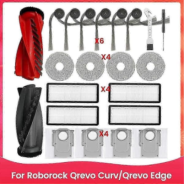 Til Roborock QREVO Curv/Edge Robotstøvsuger Tilbehørssæt med Sidebørste HEPA-filter og Moppeklud
