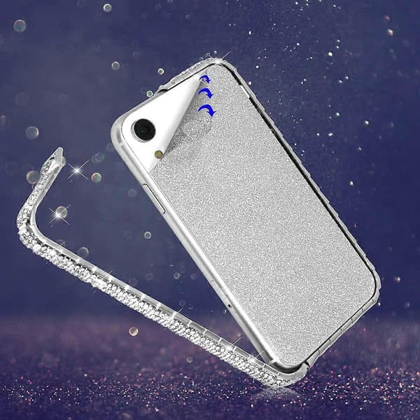 För iPhone 13 Pro Max Diamond Strassfodral för kvinnor med glänsande pläterad metall Bumper Frame Edge Case (Silver)