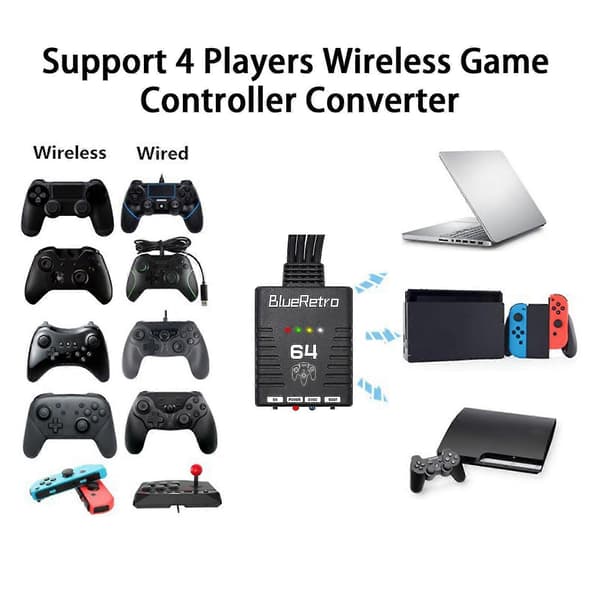 Trådlös Kontrolleradapter LED-indikator Ingen Latens Bluetooth-kompatibel Stödjer 4 Spelare Spelkontrolleradapter för N64-konsol