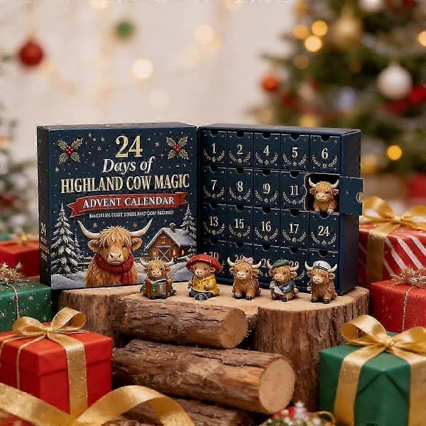 3D Highland-ku adventskalender 2026, 24 minikufigurer jule-nedtelling gave og samleobjekt julepynt