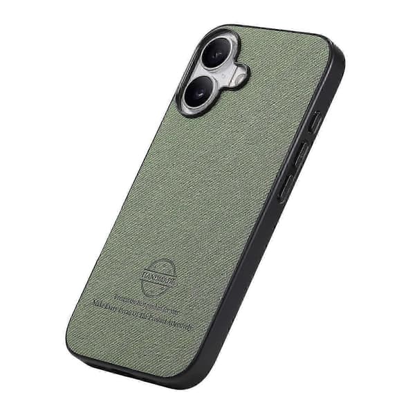 För iPhone 16 Lädertelefonbaksida med tygtextur