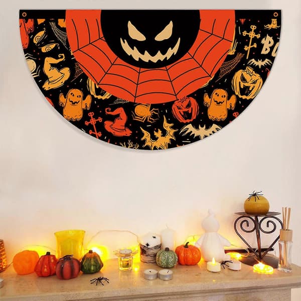 Halloween Vifteformet Flagg Hengende Flagg 45*90cm Halloween Dekor Halvsirkel Flagg