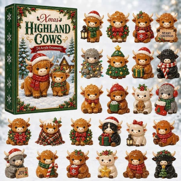 Jule-adventskalender, 24-delt 2D flad akryl tegneserie-ko mini-pynt