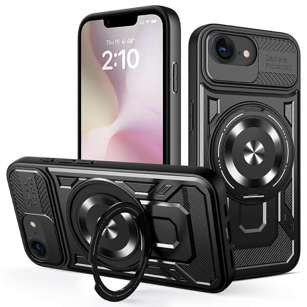 Til iPhone 16e Magnetisk Cover Roterende Støtteben TPU + PC Telefoncover (Sort)