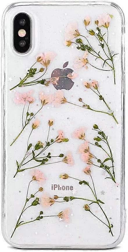 iPhone 7/8 Ægte Blomsteretui, Piger Blomstret Glitter Etui Klart Blødt Gummi Presset Tørret Blomsterbeskyttelse til iPhone 8 / iPhone 7-gul