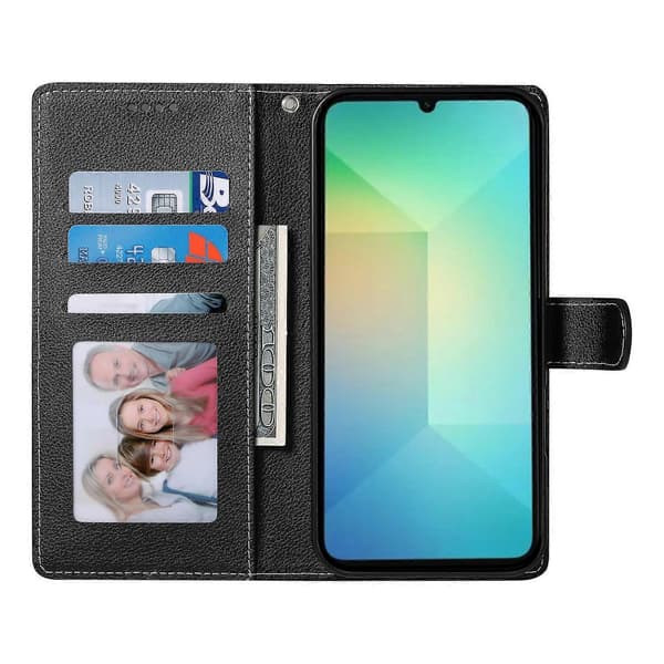 Til Samsung Galaxy A07 etui Magnetisk snap Litchi tekstur læderpung telefoncover med håndledsrem (sort, sort)