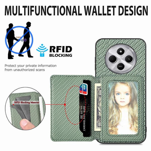 Etui med kortholder til Xiaomi Redmi 14C 4G/ Poco C75 4G RFID-blokerende kulfiberlæder+PC+TPU telefoncover (blå)