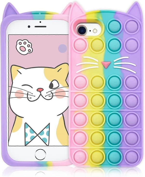 Pop Rainbow Cat telefondeksel til iPhone 13, søt stil Kawaii Rainbow Cat Pop Fidget silikon telefondeksel til jenter og barn iPhone-deksel