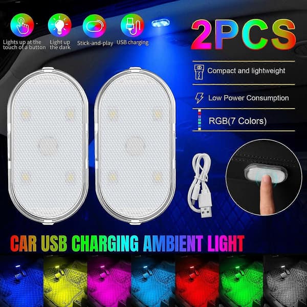 2x Bil Interiør LED Lys 7 Farver USB Opladning Touch Sensor Atmosfære Neon Lampe