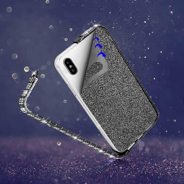 Til iPhone 13 Pro Max Diamond Rhinestone etui til kvinder med skinnende metal Bumper Frame Edge Case (sort)