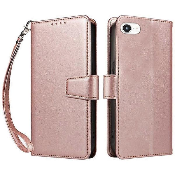 Läderplånboksfodral med handledsrem för iPhone 16e (Roséguld)