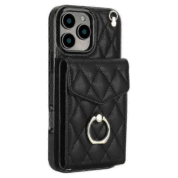 Til iPhone 16 Pro Max etui korttaske læder+tpu crossbody telefoncover med ringstativ - sort