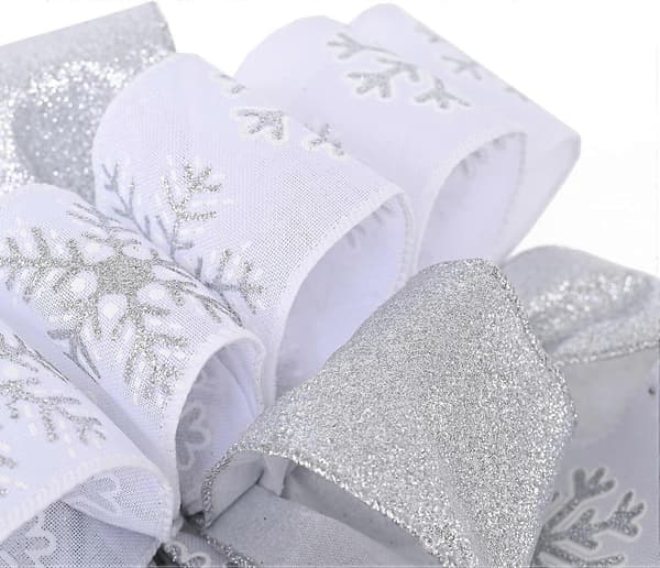 Juletretoppsløyfe med bånd, 122x33 cm stor sløyfe til juletrepynt, sølvfarget polyester-sløyfe til juledekorasjon