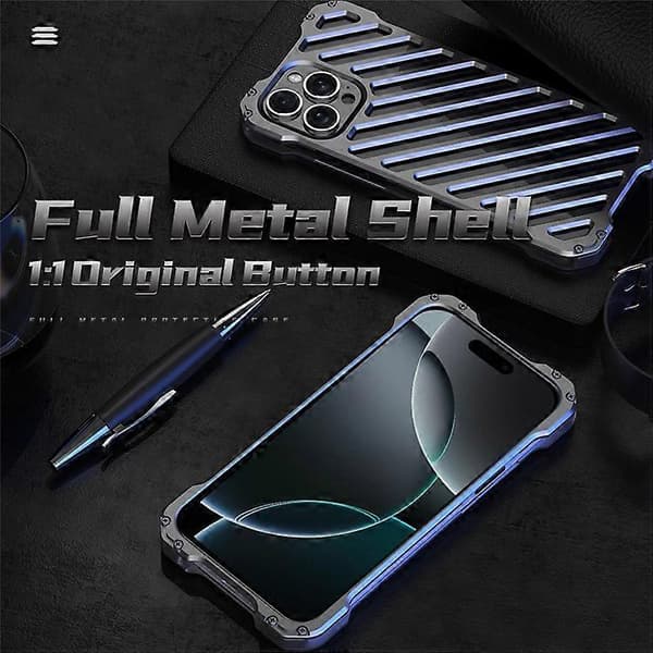 R-JUST RJ-50 Kompatibel med iPhone 16 Pro Max Panserveske i aluminiumslegering, hul støtsikker bakdeksel