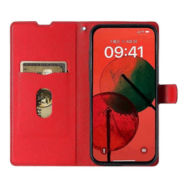 Til iPhone 16 Plus etui med prikker præget PU-læder flip telefoncover med kortplads, rem - lilla