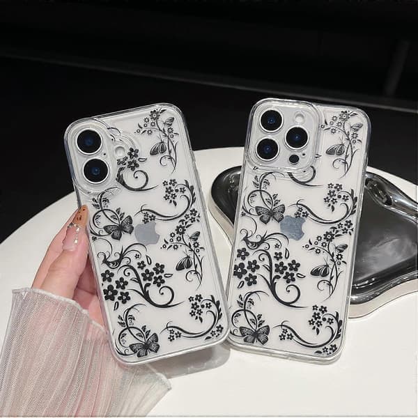 Designet til iPhone-etui, Retro Sort Blomster Sommerfugl Klart Blødt Telefonetui (Klar, til iPhone 16 Pro Max)