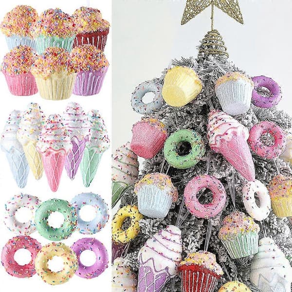Sæt med søde julepynt-figurer: slik, donuts, cupcakes og isvafler til juletræet – julepynt og gaver