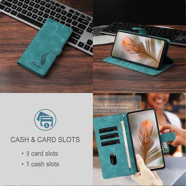 Til iPhone 16 etui præget fjer PU læder pung telefoncover med håndledsrem (grøn)