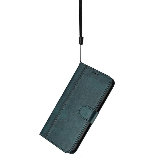 Plånboksfodral med stativ i retrotexturläder med snodd för iPhone 16e (Mörkgrön)
