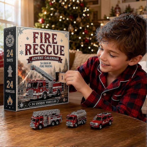 Brannrednings-adventskalender 2026, 24-dagers nedtelling til jul med lastebil- og kjøretøydesign_ny 2D flat akryl