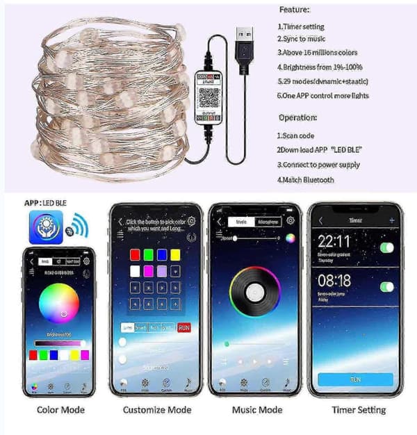Julelys til juletre - Julelys - LED-lys - Smart inkl. app + USB - Julepynt - Juletrebelysning