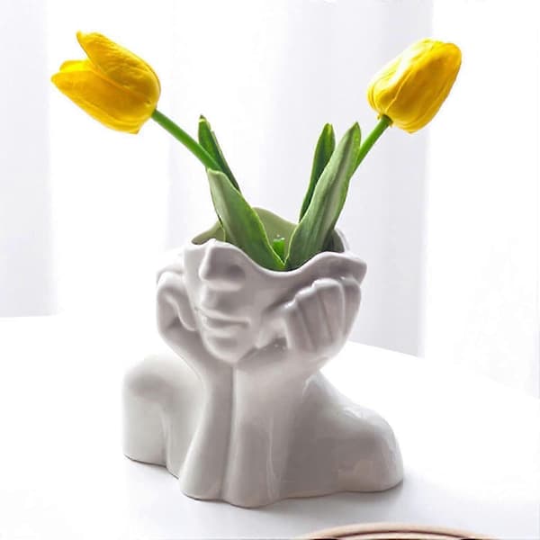 Moderne hvit ansiktskunstvase, keramisk skulpturdesign
