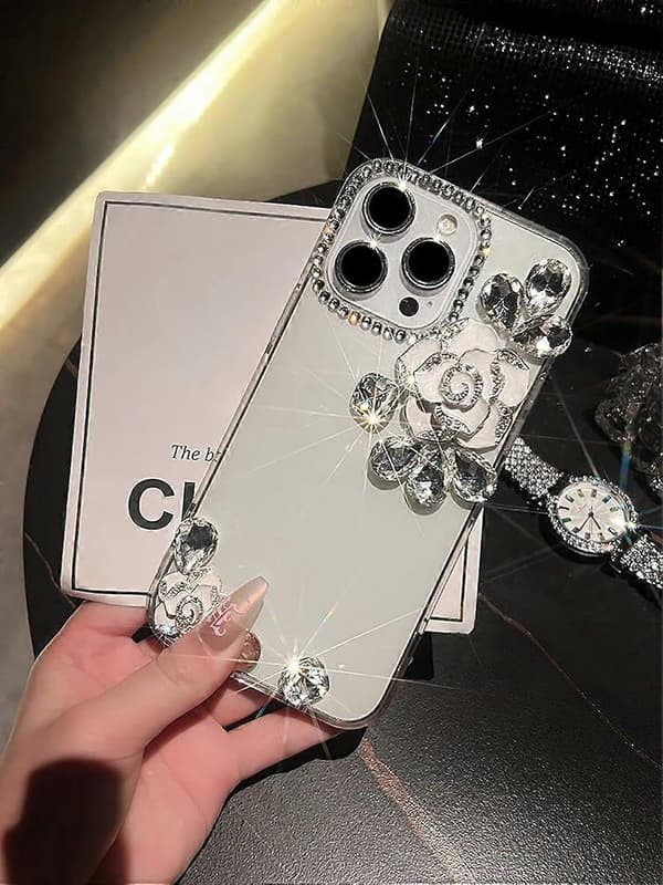 (Vit) för iPhone 16 Plus Blomfodral, Flickor Kvinnor 3D Lyx Bling Glitter Diamant Kristall Strass Blomskyddsfodral för iPhone