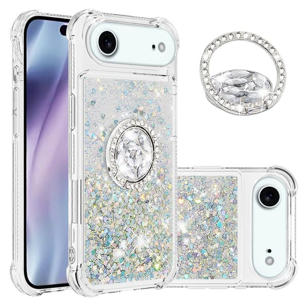 Til iPhone 17 Air TPU-deksel med støtte Quicksand støtsikkert deksel (sølvhjerter)