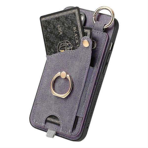 Til iPhone 16 Plus etui med kortpladser læder+TPU telefoncover med ringespænde - lilla