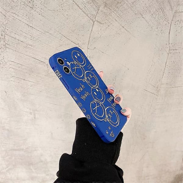 Søt svart glad smil graffiti sideprint telefondeksel til Apple iPhone 13 Pro-deksel for kvinner slanke myke deksler til iPhone 13Pro blå