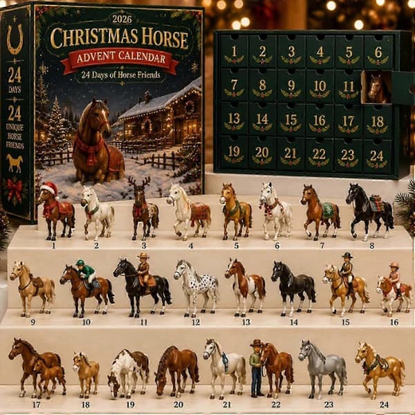 24 unikke 3D-heste julepynt julekalender 2026, 24-dages nedtælling, akryl