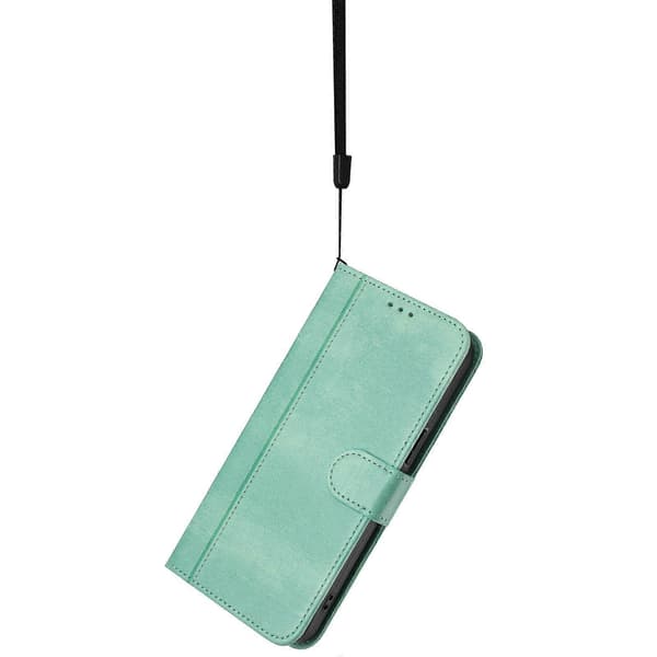Plånboksfodral till iPhone 16e med stativ, retrotextur, läderfodral med snodd (Mintgrön)