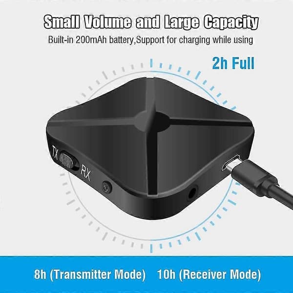 Bluetooth 5.0 sender mottaker 2 i 1 Bluetooth-adapter 3,5 mm jack for samtidig bruk av Tx og Rx 2 enheter