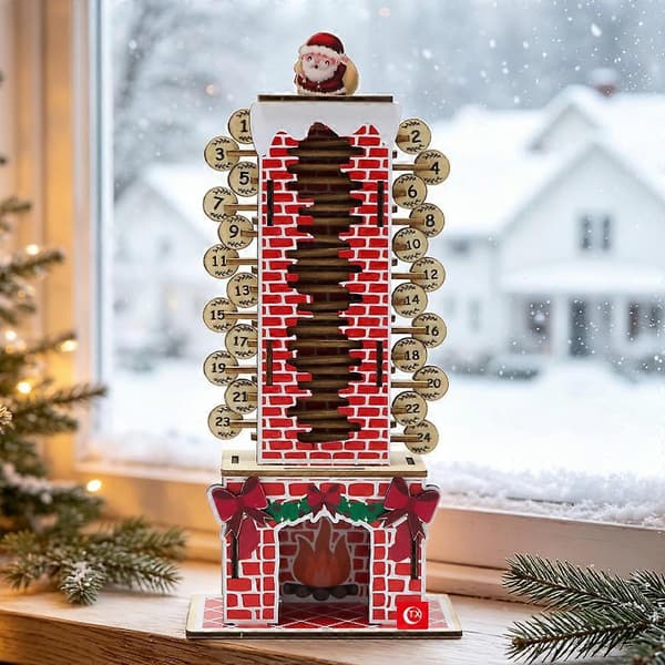 Jule-adventskalender i træ med pejs-design, nedtællingspynt med julemand til skrivebordet