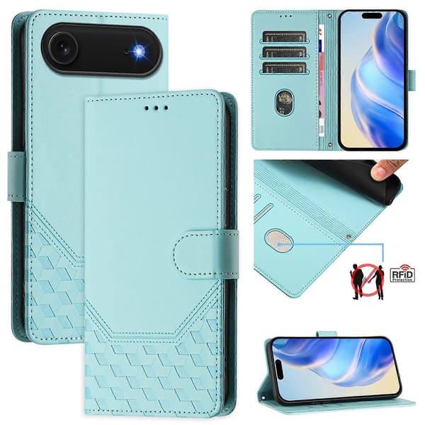 Compatible For iPhone 17 Air Case Embossed Honeycomb RFID Leather Phone Cover With Strap