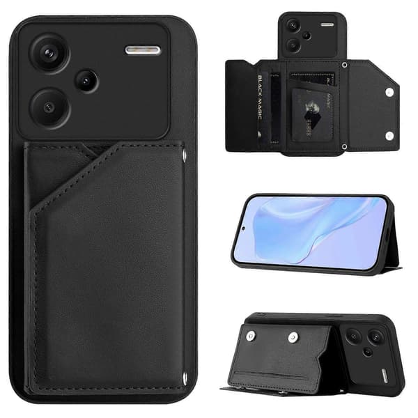Til Xiaomi Redmi Note 13 Pro+(Plus) 5G Etui Kortholder Støtteben Skin-Touch Telefoncover med Håndledsrem (Sort)