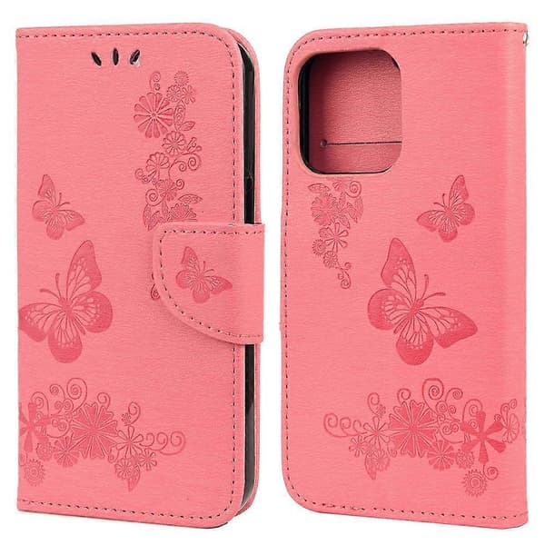 Pung Læder Etui Præget Sommerfugl Blomst Telefon Etui med Stand til iPhone 13 Pro 6.1 tommer