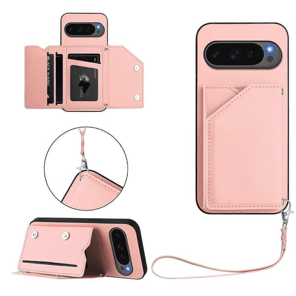 Fodral för Google Pixel 10 Pro XL med korthållare, stativ och handledsrem (Rosa)
