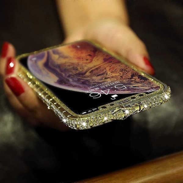 För iPhone 13 Pro Max Diamond Strassfodral för kvinnor med glänsande pläterad metall Bumper Frame Edge Case (Guld)
